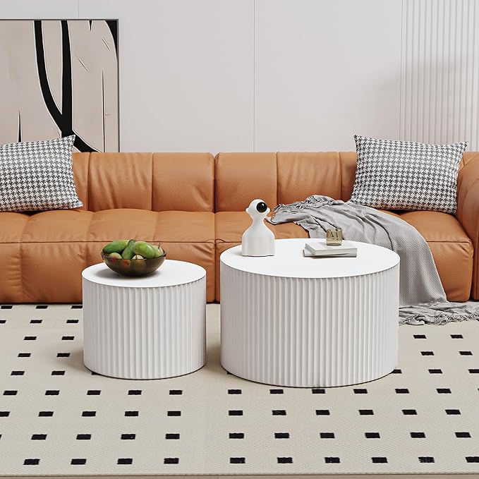 WXFKLDJ Round Nesting Coffee Table Set Cylindrical Wooden Coffee Table Sofa Center Table Circle Embossed Design Side Table for Living Room Apartment No Assembly (Round White Small)