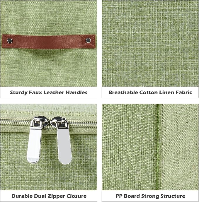 2PCS Storage Cubes with Lid Fabric Storage Bins Boxes PU Leather Handles Cotton Linen Closet Organizer Container Decorative Foldable Washable Shelf Cloth Basket (Zipper Lid, Green, 11in)-NeatNest