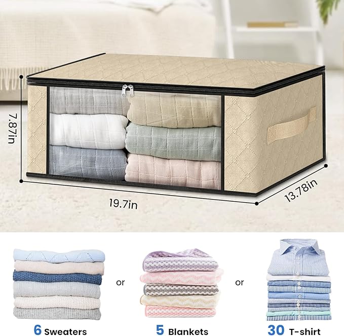HomeHacks Storage 8-Pack Clothes Organizer Storage Bags Foldable Storage Box with Large Clear Window Sturdy Handles for Closet, Dorm, Pillows, Bedding, Clothes, Blankets, 35L, Beige-NeatNest