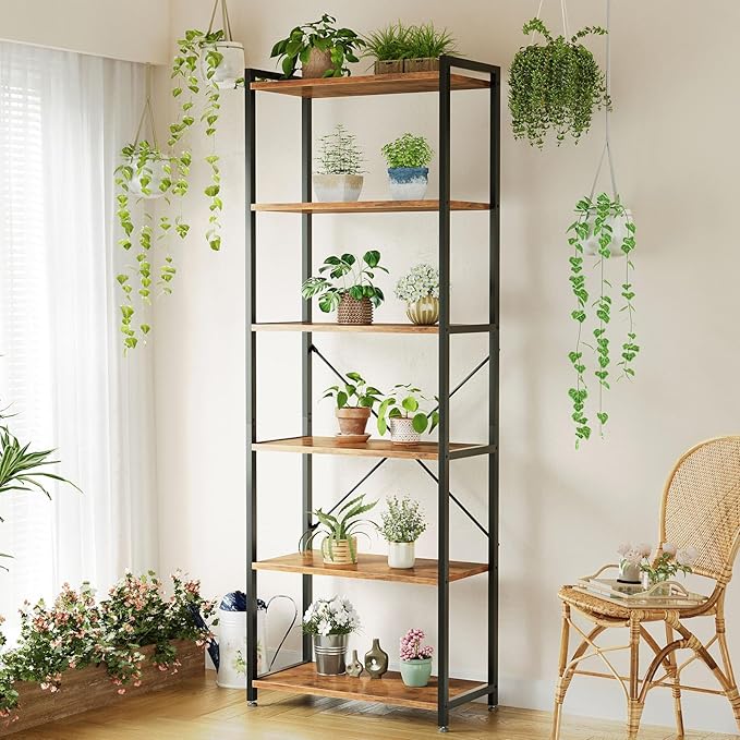 Casaottima Book Shelf, 6 Tier Tall Bookshelf, Modern Wood Bookcase Shelves for Bedroom, Industrial Display Shelf for Living Room Home Office Kitchen, Standing Shelving Unit Storage Organizer, Vintage-NeatNest