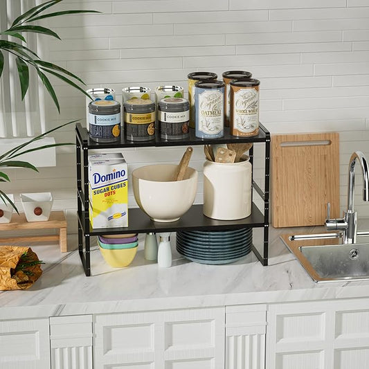 Cabinet Organizer Shelves,Expandable Spice Racks in Cabinet,Countertop Cupboard Pantry Shelves,Adjustable Storage Racks for Kitchen Bathroom Under Sink,2 Packs,8.07" D,Black-NeatNest