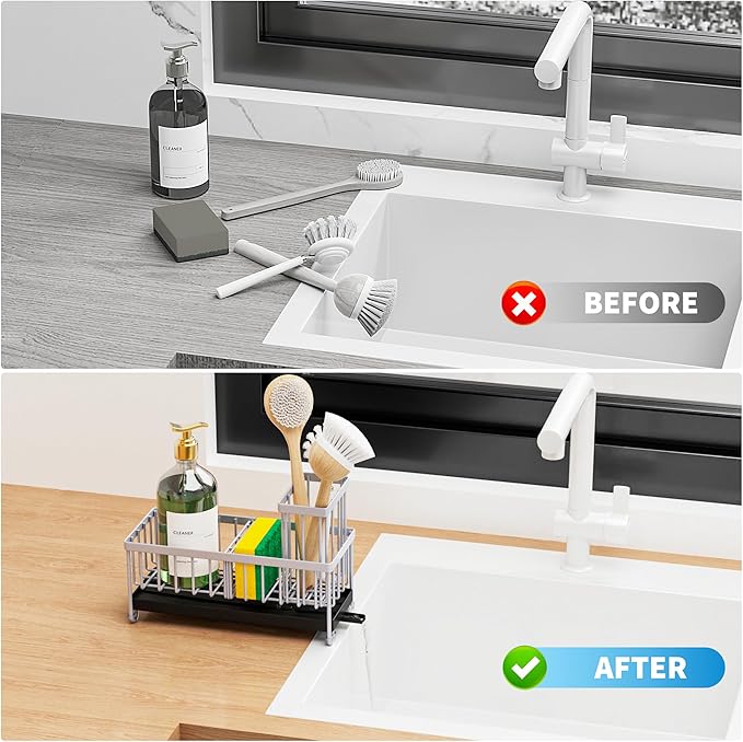 Cisily Light Gray Sponge Holder for Kitchen Sink, Sink Caddy Organizer with High Brush Holder, Kitchen Countertop Organizers and Storage Essentials, Rustproof 304 Stainless Steel, Soap Dispenser-NeatNest
