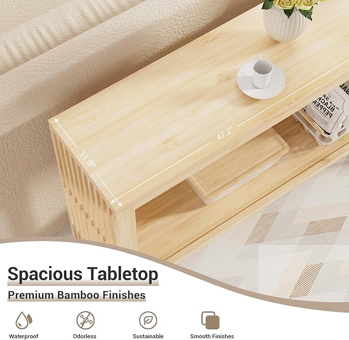 Bamboo Wood Entryway Table 47.2" Console Table, 2-Tier Farmhouse Narrow Sofa Table with Grille-Inspired Sides Easy Assembly for Entrance, Hallway, Living Room, Bedroom, Foyer(Natural)-NeatNest