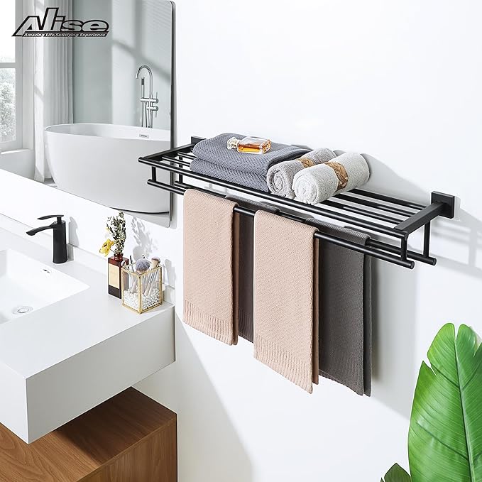 Alise Towel Rack for Bathroom,Large Towel Holder Towel Shelf with Double Towel Bars for Bathroom Lavatory,SUS 304 Stainless Steel Wall Mount Towel Hanger,Matte Black,32 Inch