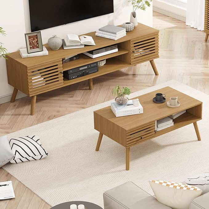 Coffee Table, Mid Century Modern Table with Storage, Living Room Center Table with Slatted Panel Drawer, Fluted Wood Coffee Table with Open Shelf for Living Room, Oak-NeatNest