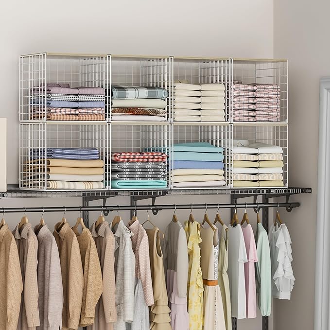 3PCS Stackable Closet Organizers and Storage, Closet Shelves with Wood Top Extra Storage, Clothes Storage Organizer Basket Bin/Cube for Home Wardrobe Organization(White-Sturdy Metal) Patent Pending-NeatNest