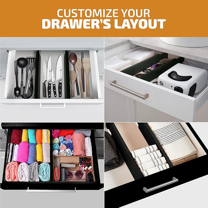 Bambüsi 4 Pack Drawer Divider - Bamboo 2.6" High, 12.5-17" Adjustable Drawer Organizers for Clothes, Expandable Dresser Separators in Bedroom/Bathroom/Kitchen/Office Organization and Storage (Black)-NeatNest