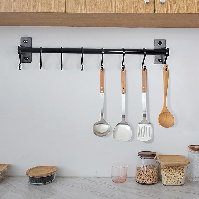 Dseap Kitchen Utensil Holder Hanger, Pot and Pan Rack Wall Mounted, Kitchen Rail with 8 Hooks for Hanging Cooking Utensils, Mugs, Spoons, Wall Mounted, Black-NeatNest