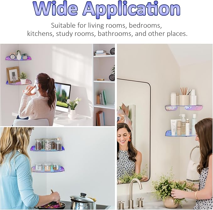 9.5x9.5 Inch Acrylic Corner Floating Shelf Set of 2, Iridescent Corner Wall Shelf for Home Décor, Speakers, Security Cameras, Toileries, Plants, Figures, Cosmetics, Books