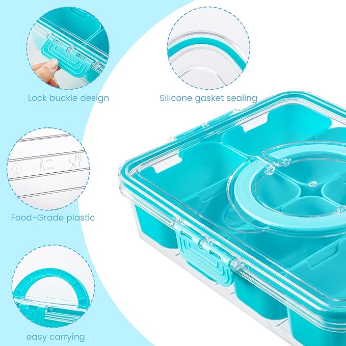 Divided Serving Tray with Lid and Handle - Snackle Box Charcuterie Container for Portable Snack Platters Organizer for Candy, Fruits, Nuts, Snacks - Perfect for Party, Entertaining, Lake blue-NeatNest