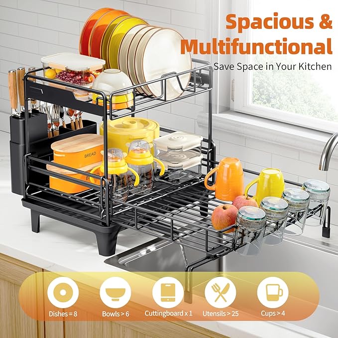 Extendable Dish Drying Rack, Multifunction Dish Rack for Kitchen Counter, Expandable Dish Drainer Over Sink, Large Dish Strainer with Cups Holder, 2 Tier Black