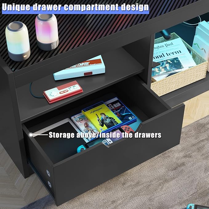 JUMMICO TV Stand, Entertainment Center LED Gaming TV Stand for 65+ Inch TV Carbon Fiber Top, Dynamic RGB Modes TV Cabinet Console with Adjustable Glass Shelves Storage Drawers (Black)-NeatNest