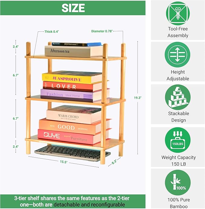 Bamboo Rack | Tool-Free Expandable (2-6 Tiers) | Kitchen Spice Organizer & Office Breakroom Snack/Cup Storage (Natural Bamboo)(Powered by Gogogo) (Natural, 15.6" W(3 Tier))-NeatNest
