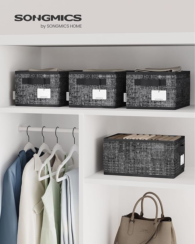 SONGMICS Storage Baskets, Set of 3 Fabric Storage Bins, 11.8 x 7.9 x 5.9 Inches, Foldable Closet Organizer for Shelves, 2 Handles, Label Holders, for Bedroom, Living Room, Ink Black UROB415B01