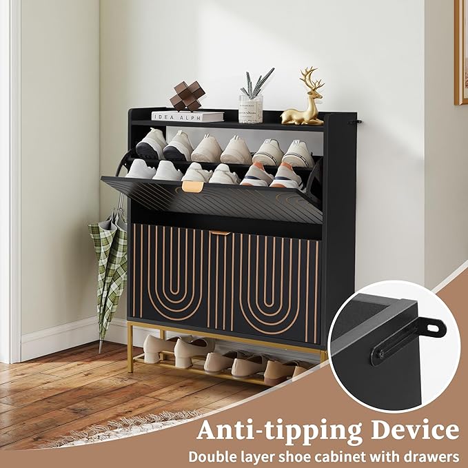 LEVNARY Narrow Shoe Storage Cabinet Set of 2, Mid-Century Modern 2-Tier Wooden Shoe Rack Organizer with Carving Lines, Freestanding Hidden Shoe Cabinet for Entryway Hallway Foyer (2, Black)-NeatNest