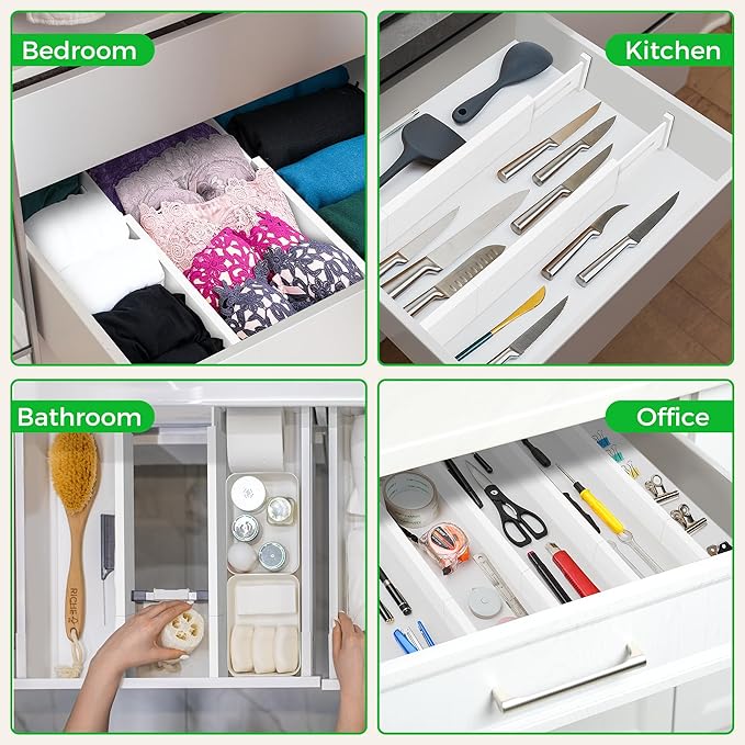 Bamboo Drawer Dividers Organizer with Inserts, Expandable from 12.5-21.7", Adjustable Drawer Organizer Separators for Utensils, Dresser, Bedroom, Bathroom, Closet, Clothing, Office (White)-NeatNest