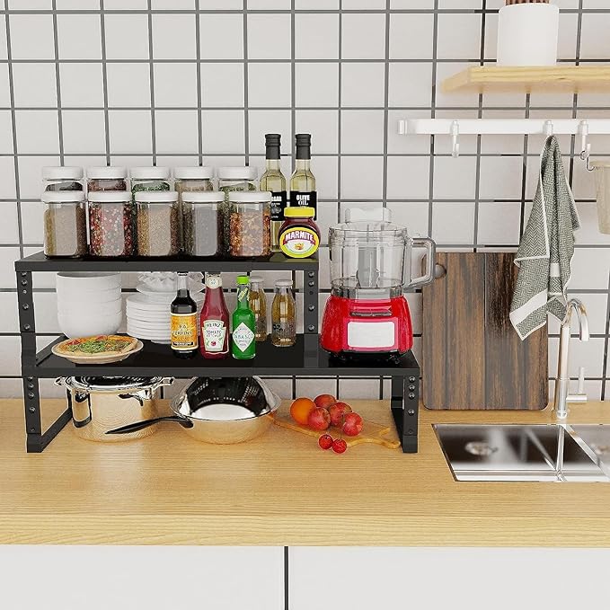 Expandable Cabinet Shelf Organizer Storage Spice Rack Shelves for Kitchen Stackable Adjustable Pantry Cupboard Bathroom Countertop Desktop(1Pack/Black/Large)-NeatNest