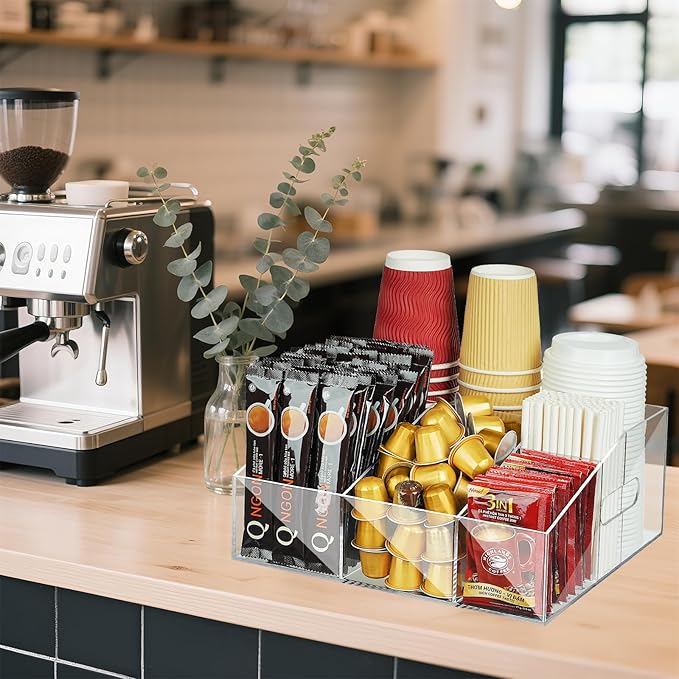 Acrylic Coffee Bar Organizer for Countertop, Cups Lids Sleeves Pods Syrups and Coffee Bar Accessories Storage Organizer Condiment Holder for Office Breakroom, Clear-NeatNest