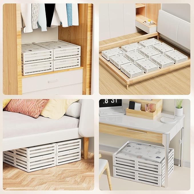 Bamboo Under Bed Storage Containers- Underbed Organizer with Wheels with Large Capacity Dust Bag,Sturdy Wood Rolling Under Bed Shoe Storage Organizer 2 Packs (White, 2 Packs (23.62"×16.54"))-NeatNest