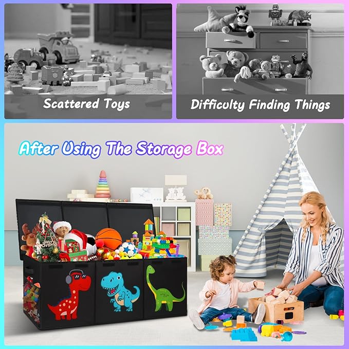 Extra Large Toy Box, Collapsible Sturdy Storage Organizer with Lids, Dinosaur Toybox for Boys Girls, 40"x16"x16" Kids Toy Chest Bin Baskets for Living Room, Playroom, Bedroom, Nursery, Black