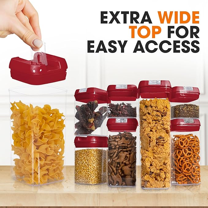 Cheer Collection Airtight Food Storage Containers – Set of 7 Stackable Pantry Organizers with Secure Lids, Kitchen Containers for Dry Goods, Flour, Sugar & More, Red