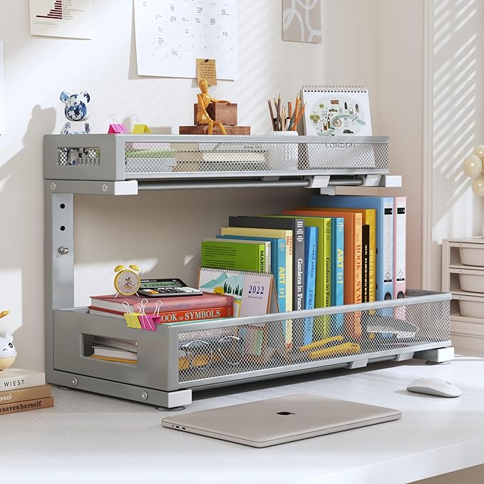 1 Pack 19IN Depth Under Sink Storage Organizer, Large 2-Tier Elegant Mesh Pull Out Shelf for Kitchen and Bathroom Cabinet Organization, L-Shaped and Adjustable Height Design-Gun Gray-NeatNest