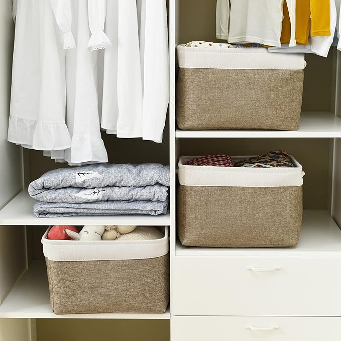 TheWarmHome Organization and Storage Basket for Gifts Empty - 16x12x12 inch Cube Storage bin 3 Pack Fabric Storage Cubes, Collapsible Baskets for Organizer Closet Cloth Gift Toy (White & Khaki)-NeatNest