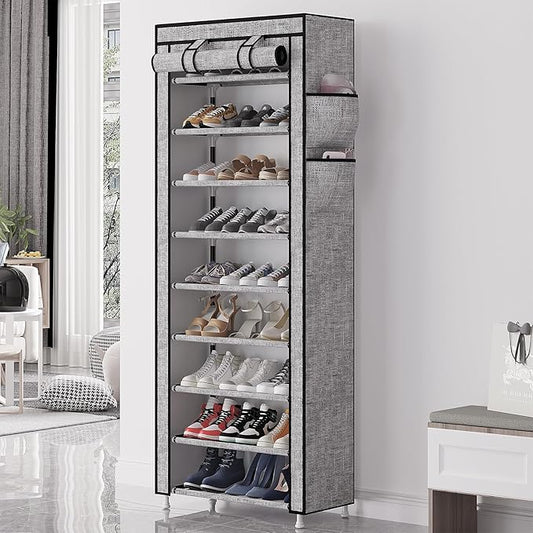 Calmootey 9 Tier Shoe Rack Organizer,Portable Shoe Shelf with Nonwoven Fabric Cover for Closet Hallway,Bedroom,Entryway, Ash Grey-NeatNest