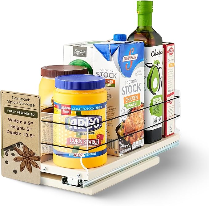 Vertical Spice 13.8" Depth Heavy Duty Pull Out Spice Rack Drawer - 1 Drawer, Mix Containers - Sliding Cabinet and Pantry Organizer - Kitchen Cupboard Storage Rack (6.9" W x 5.0" H x 13.8" D, Cream)