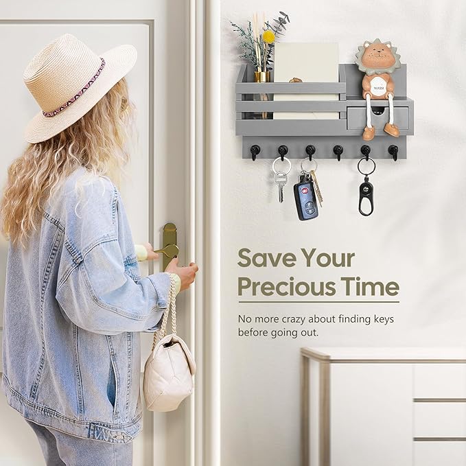 FifthQuarter Key and Mail Holder for Wall, Mail Organizer Wall Mount with 6 Hooks and Storage Drawer, Easy Installation Key Rack for Entryway and Home Decor (A-Grey)