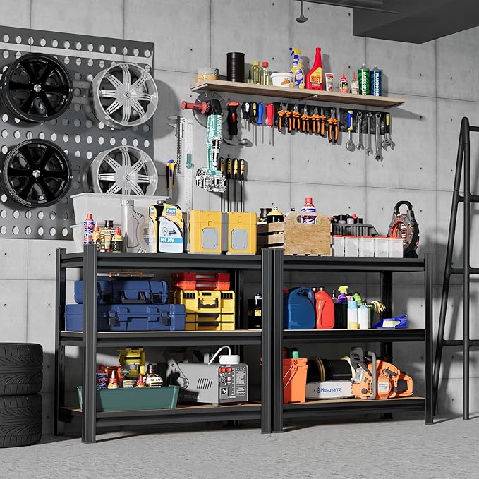 3 Tier Garage Shelving Wood Storage Shelves 600 lb Load Capacity 28.7" H*29.5" W*11.8" D Metal Shelving Suitable for Garage Kitchen Pantry,Black