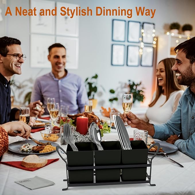 Cutlery Holder with Drain Holes, Silverware Caddy for Party Countertop, 3pcs Bins Set Utensil Holders for Spoon and Fork, Black-NeatNest