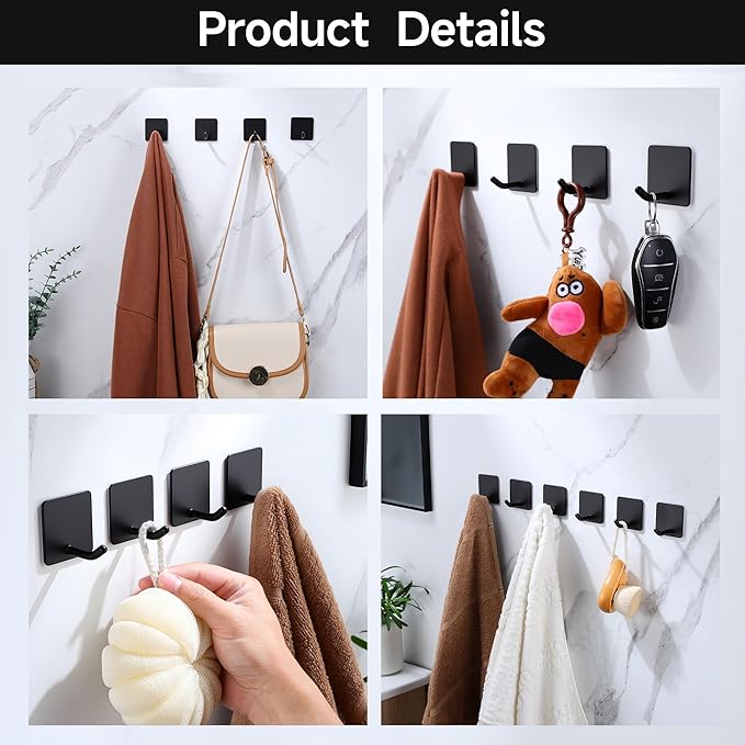 DELITON 6 Pack Towel Hooks for Hanging, Adhesive Hooks Stick on Wall for Bathroom Kitchen Heavy Duty Stainless Steel, Black-NeatNest