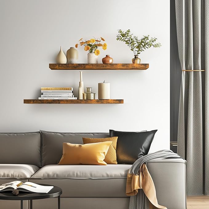BAYKA Floating Shelves, 36" Wall Mounted Rustic Wood Shelves for Bathroom, Bedroom, Living Room, Kitchen, Office, Hanging Shelf for Books/Storage/Decor(Rustic Brown,Set of 2)-NeatNest