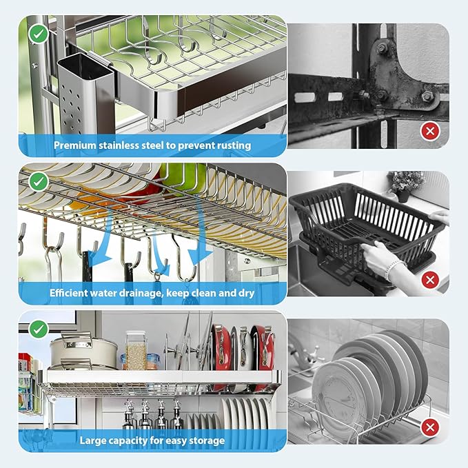 Over The Sink Dish Drainer Drying Rack, Full Stainless Steel 3-Tier Adjustable Length Over Sink Dish Drying Rack, Large Capacity Dish Rack Over Sink for Kitchen Counter, Pots & Pans Rack