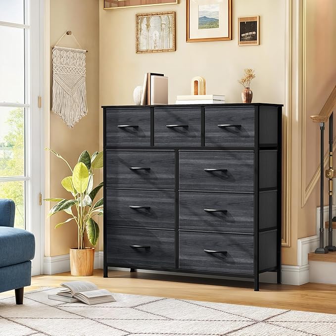 DWVO Dresser with 9 Drawers - Fabric Storage Tower, Organizer Unit for Living Room, Hallway - Sturdy Steel Frame, Wooden Top & Easy Pull Fabric Bins-NeatNest