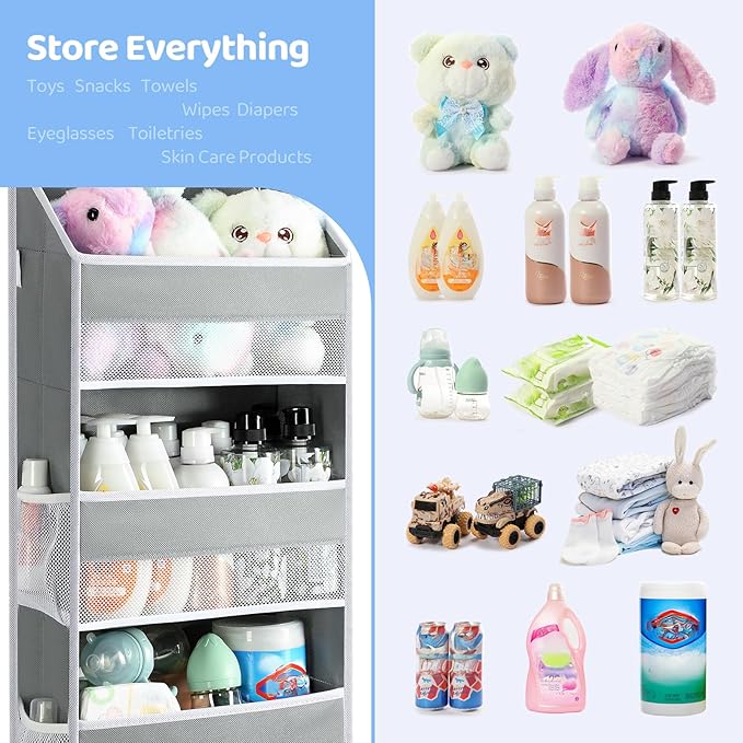 Yecaye 3 Pack 4-Tier Over The Door Organizer - Foldable Portable Baby Essentials for Stuffed Animal Storage - Multi-Purpose Bathroom Closet Organizers and Storage for Kids Newborn Baby Stuff Gray-NeatNest