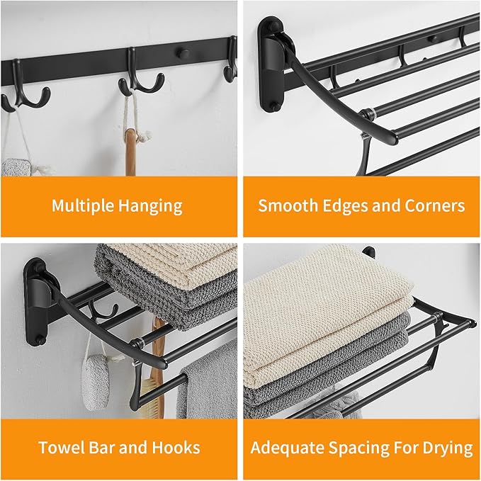 BESy 24 Inch Matte Black Towel Racks, Bathroom Towel Shelf with Foldable Towel Bar Holder and Towel Hooks, Wall Mounted Multifunctional Bathroom Accessories, Double Towel Bars-NeatNest