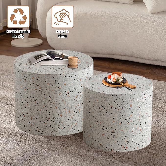 Round Nesting Coffee Table Set of 2 Terrazzo Round Drum Fluted Coffee Tables for Small Space Modern Stacking Nesting Tables Minimalist Circle Center Table 2 Piece for Living Room (Terrazzo)