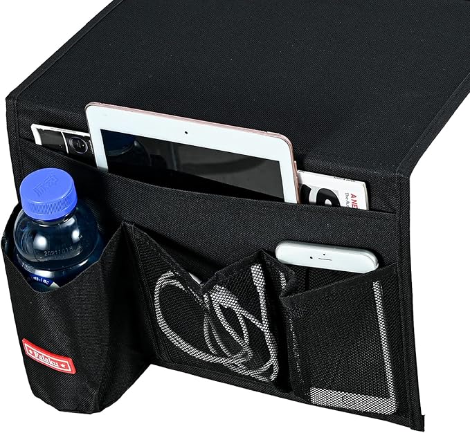 Bedside Caddy, 4 Pockets Bedside Organizer Caddy Under Mattress,Holds Water Bottles,Magazines,Books (Classic 4 Pockets-Black)-NeatNest