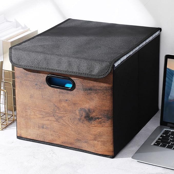 File Organizer Box with Wood Grain Pattern, Hanging Collapsible File Storage Bins with Lid Plastic Slides, Teacher Essentials for Back to School Classroom School Keepsake Organizer, Rustic Brown