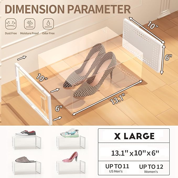 12 Pack X Large Shoe Organizer Storage Boxes for Closet, Modular Space Saving Shoe Boxes Clear Plastic Stackable Sneaker Containers Display Case with Lids, Pearl White-NeatNest