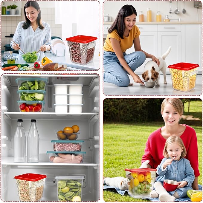 4 Pack 4QT Food Storage Containers with Red Lids, Clear Square Commercial Food Grade Storage Containers with Handles and Scales, BPA-Free Airtight Restaurant Container for Sourdough, Marinating Meat