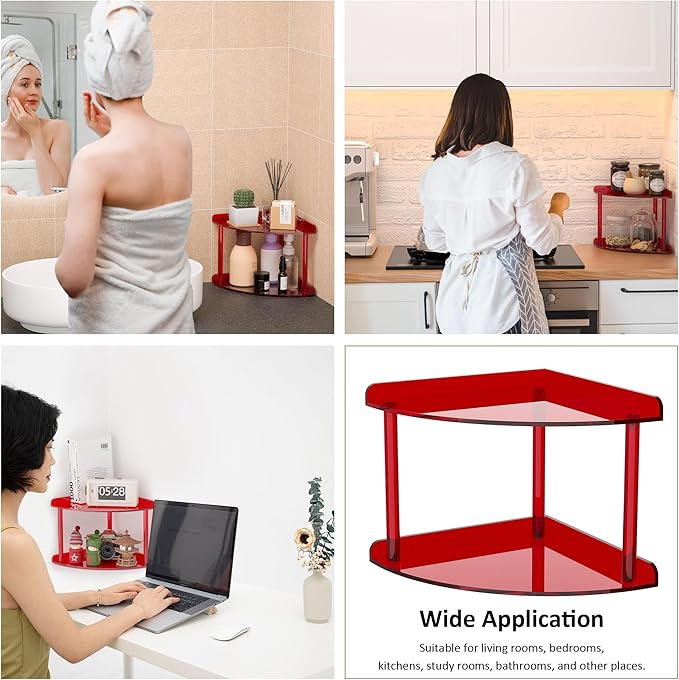 2 Tier Acrylic Corner Shelf Organizer Storage 9.5x9.5x8 Inch, Red Countertop Corner Shelf for Bathroom, Kitchen, Bedroom, Office, Study Room-NeatNest