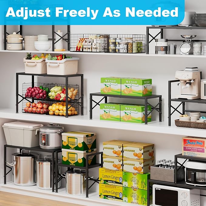 Expandable Metal Storage Shelves,100LBS Stackable Pantry Heavy Duty Shelving Units and Storage for Small Appliances,Adjustable Countertop organizer for kitchen,Cabinets,Closet,Pantry,Garage,Warehouse-NeatNest