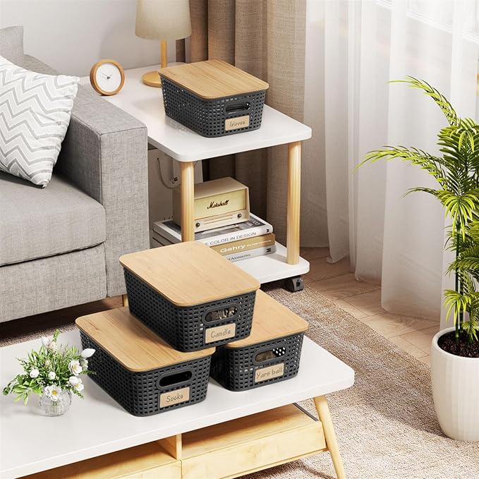 6-Pack Small 5 Qt Stackable Storage Bins with Bamboo Lids - Decorative Cute Plastic Baskets Boxes Containers with Labels for Organizing Shelves, Classroom, Closet, Desktop, Office - Black-NeatNest
