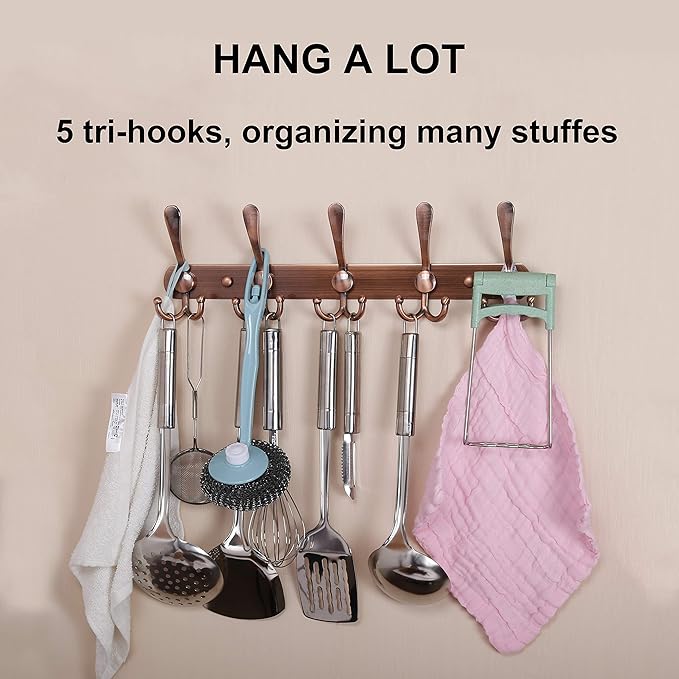 Dseap Wall Mounted Coat Rack - 5 Tri Hooks, Heavy Duty, Stainless Steel, Metal Coat Hook Rail for Coat Hat Towel Purse Robes Mudroom Bathroom Entryway,Antique Copper-NeatNest