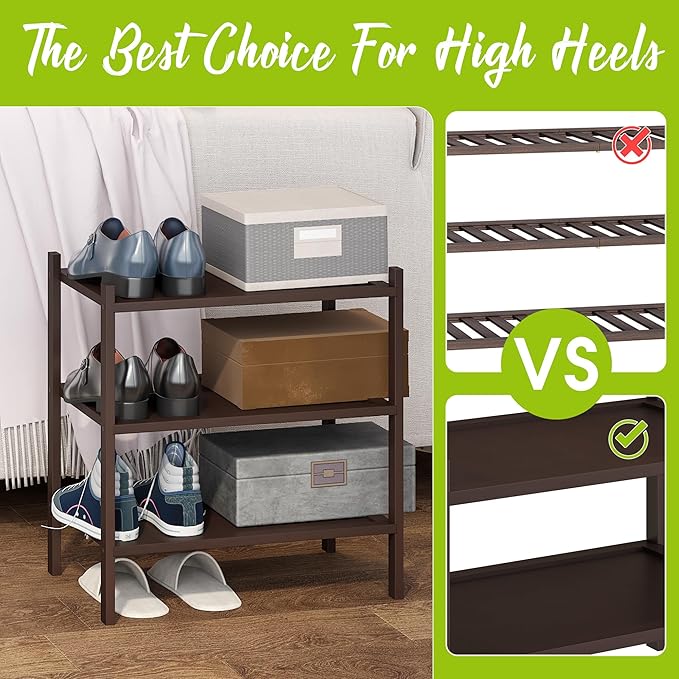 BMOSU 3-Tier Bamboo Small Shoe Rack Premium Stackable Shoe Shelf Storage Organizer for Hallway Closet Living Room Entryway Organizer(Brown)-NeatNest