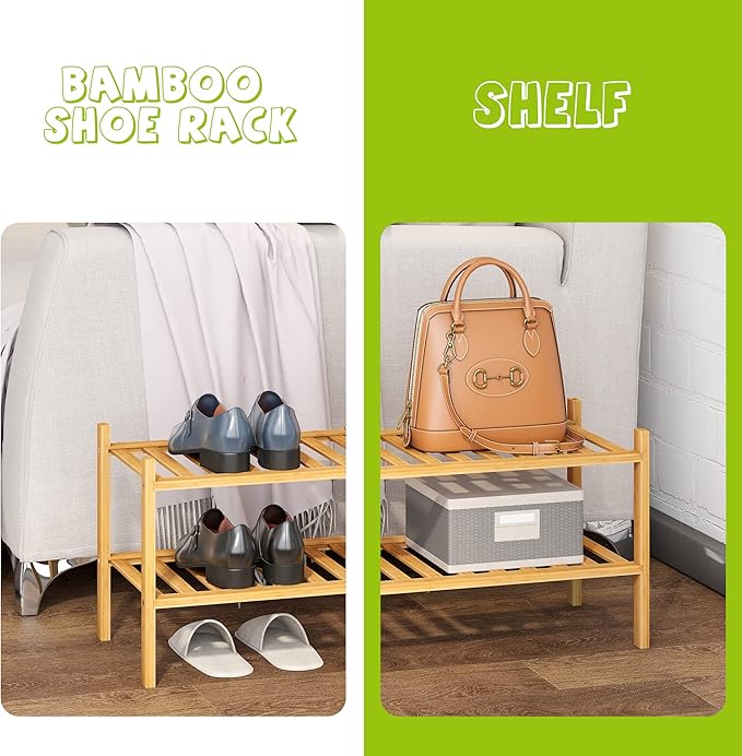 BMOSU 2-Tier Bamboo Shoe Rack Premium Stackable Shoe Shelf Storage Organizer for Hallway Closet Living Room Entryway Organizer (Natural Bamboo)-NeatNest