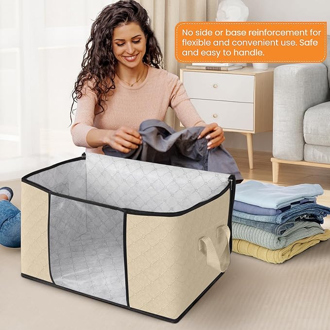 Fab totes 3 Pack Clothes Storage, Foldable Thick Fabric Blanket Storage Bags, Containers for Organizing Bedroom, Closet, Clothing, Comforter,Organization with Handle,Beige-NeatNest